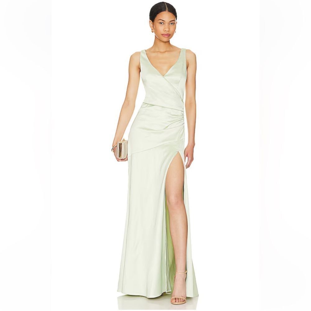 NWT Lovers and Friends Dawn Gown Sage Green draped satin maxi dress Revolve M